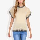 Beige Large Cap Sleeve Knit Top with Contrast Striped Trim and Crew Neck