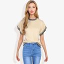 Beige Large Cap Sleeve Knit Top with Contrast Striped Trim and Crew Neck