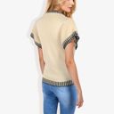 Beige Medium Cap Sleeve Knit Top with Contrast Striped Trim and Crew Neck