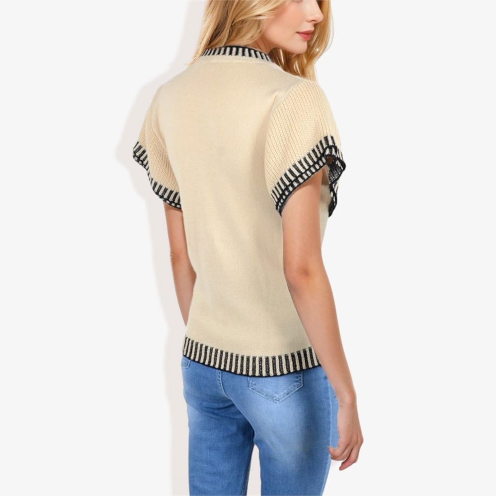 Cap Sleeve Knit Top with Contrast Striped Trim and Crew Neck