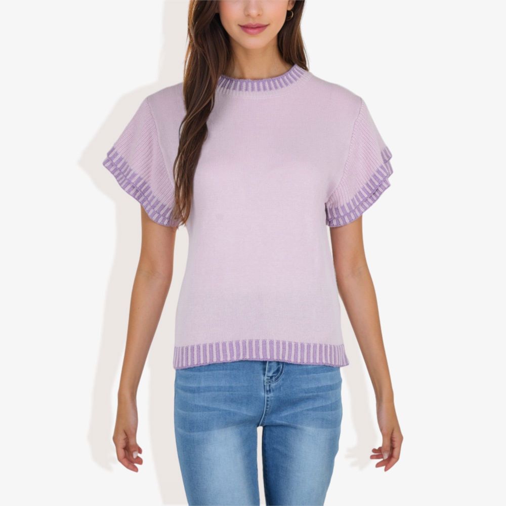 Cap Sleeve Knit Top with Contrast Striped Trim and Crew Neck