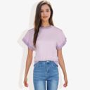 Purple Large Cap Sleeve Knit Top with Contrast Striped Trim and Crew Neck