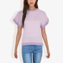 Purple Medium Cap Sleeve Knit Top with Contrast Striped Trim and Crew Neck