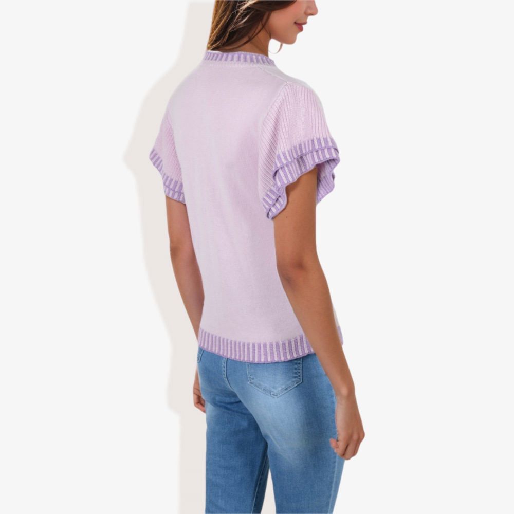 Cap Sleeve Knit Top with Contrast Striped Trim and Crew Neck