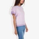 Purple Medium Cap Sleeve Knit Top with Contrast Striped Trim and Crew Neck