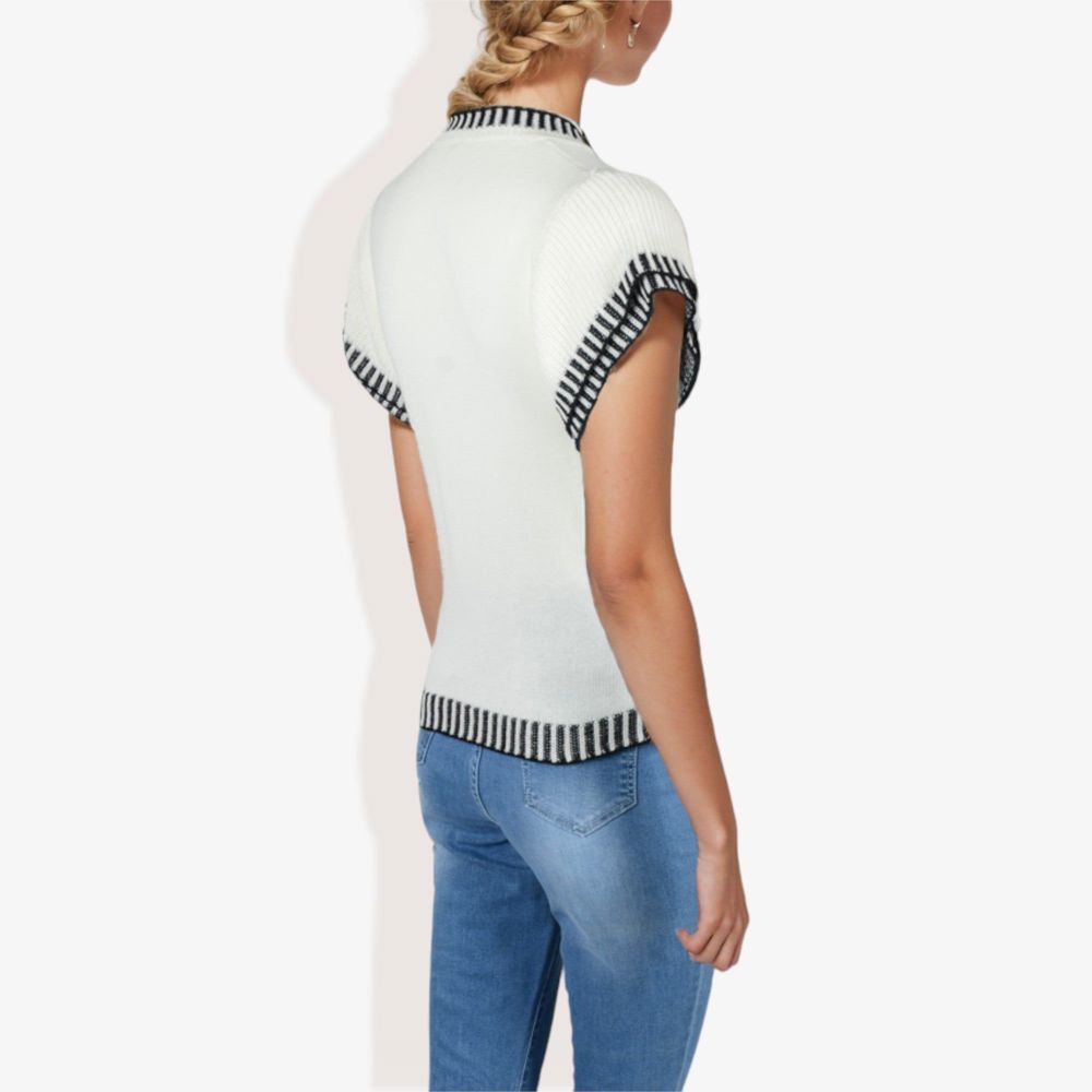 Cap Sleeve Knit Top with Contrast Striped Trim and Crew Neck