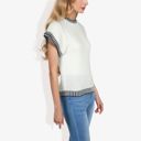 White Large Cap Sleeve Knit Top with Contrast Striped Trim and Crew Neck