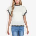 White Medium Cap Sleeve Knit Top with Contrast Striped Trim and Crew Neck