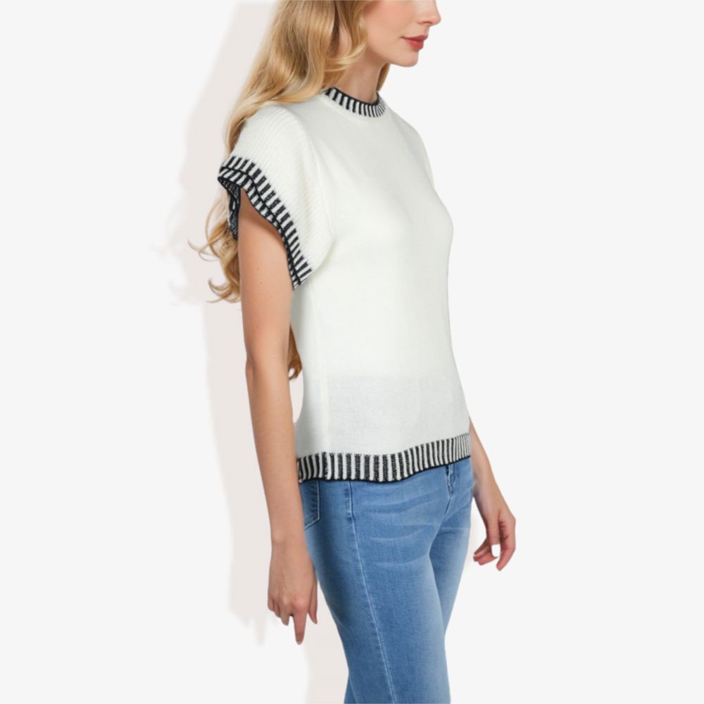 Cap Sleeve Knit Top with Contrast Striped Trim and Crew Neck