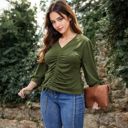 Green 1X Long Sleeve Blouse with V-Neck and Drawstring Detail