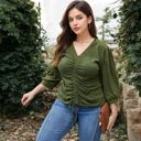 Green 1X Long Sleeve Blouse with V-Neck and Drawstring Detail