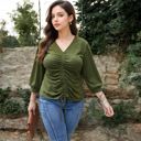 Green 1X Long Sleeve Blouse with V-Neck and Drawstring Detail