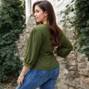 Green 1X Long Sleeve Blouse with V-Neck and Drawstring Detail