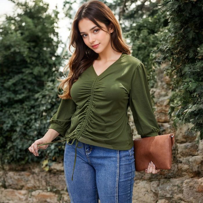 Long Sleeve Blouse with V-Neck and Drawstring Detail