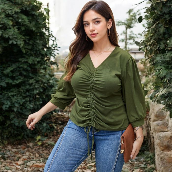 Long Sleeve Blouse with V-Neck and Drawstring Detail