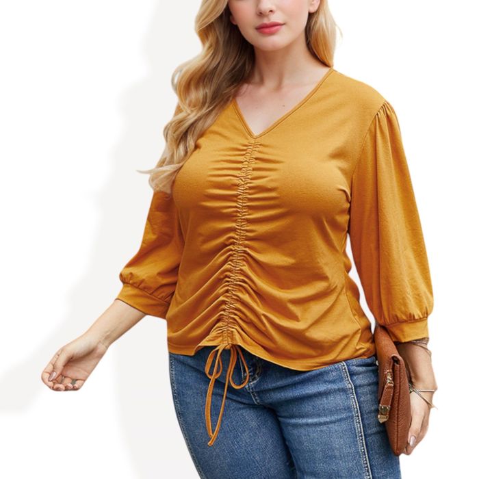 Long Sleeve Blouse with V-Neck and Drawstring Detail