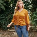 Orange 1X Long Sleeve Blouse with V-Neck and Drawstring Detail