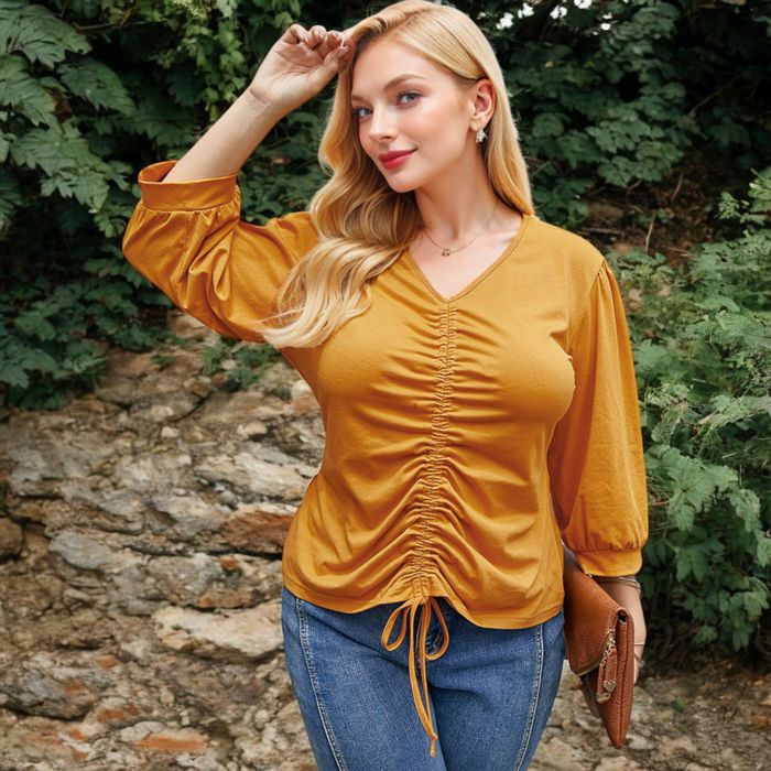 Long Sleeve Blouse with V-Neck and Drawstring Detail