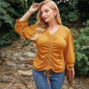 Orange 1X Long Sleeve Blouse with V-Neck and Drawstring Detail