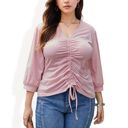 Pink 1X Long Sleeve Blouse with V-Neck and Drawstring Detail