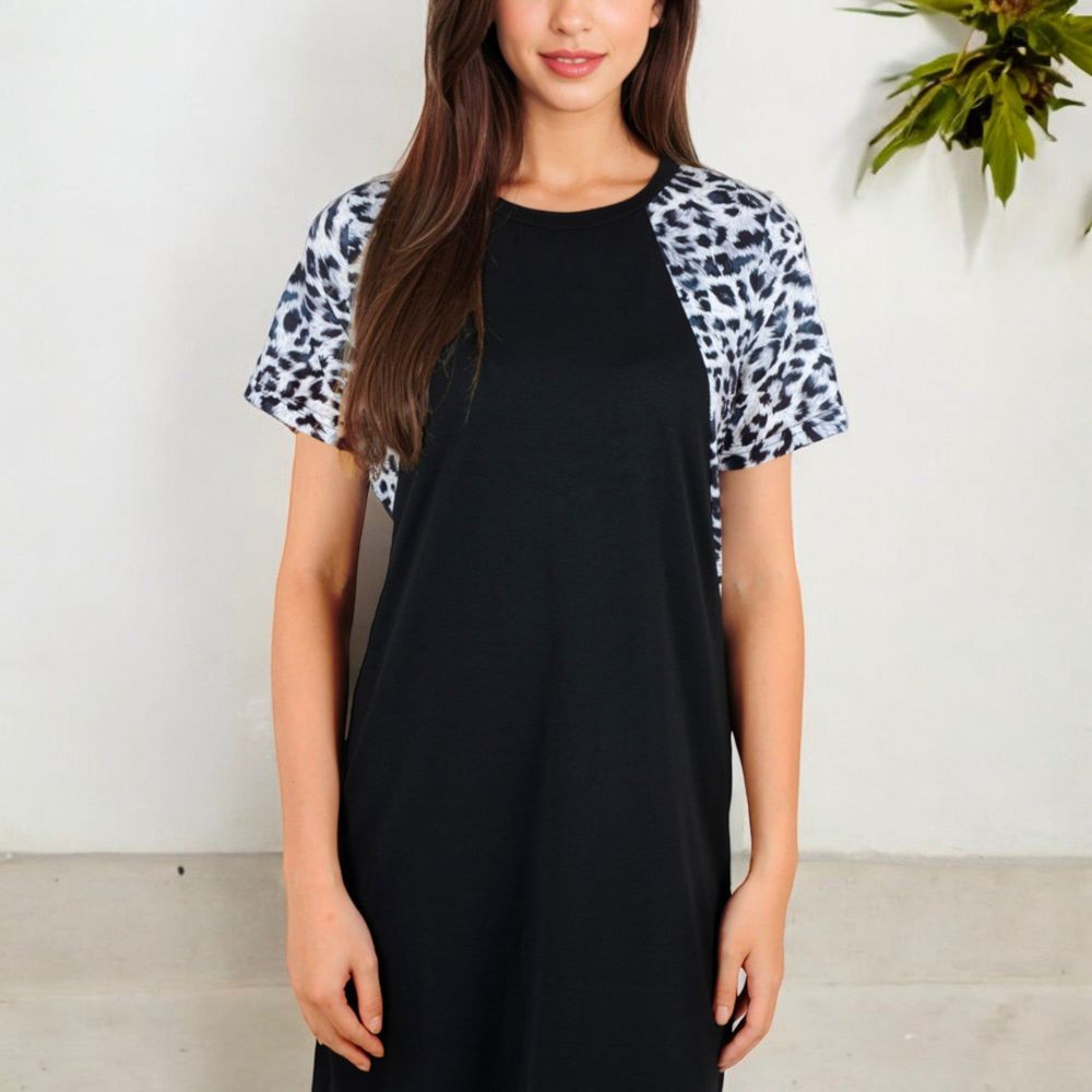 Short Sleeve Leopard Print Raglan T-Shirt Dress with Relaxed Fit for Casual Everyday Wear