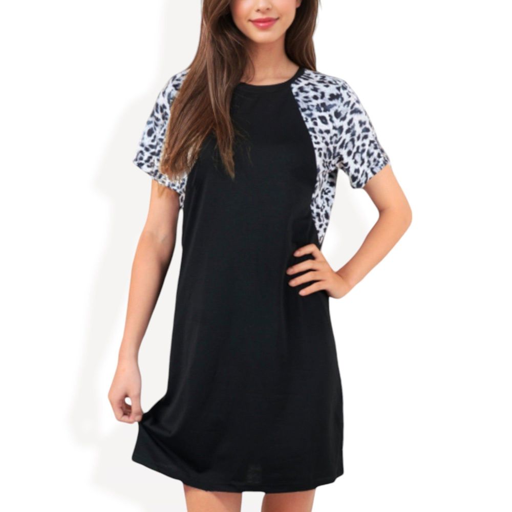 Short Sleeve Leopard Print Raglan T-Shirt Dress with Relaxed Fit for Casual Everyday Wear