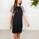 Black Small Short Sleeve Leopard Print Raglan T-Shirt Dress with Relaxed Fit for Casual Everyday Wear