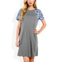 Gray Large Short Sleeve Leopard Print Raglan T-Shirt Dress with Relaxed Fit for Casual Everyday Wear