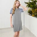 Gray Large Short Sleeve Leopard Print Raglan T-Shirt Dress with Relaxed Fit for Casual Everyday Wear