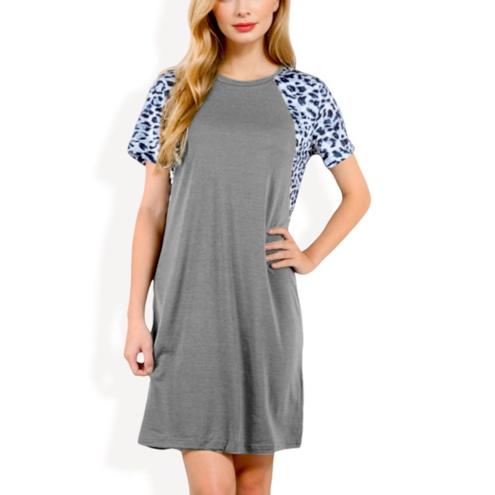 Short Sleeve Leopard Print Raglan T-Shirt Dress with Relaxed Fit for Casual Everyday Wear