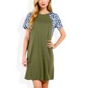 Green Large Short Sleeve Leopard Print Raglan T-Shirt Dress with Relaxed Fit for Casual Everyday Wear