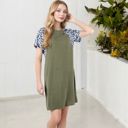 Green Large Short Sleeve Leopard Print Raglan T-Shirt Dress with Relaxed Fit for Casual Everyday Wear