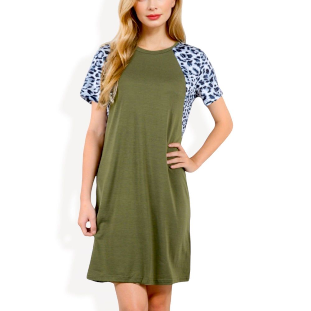 Short Sleeve Leopard Print Raglan T-Shirt Dress with Relaxed Fit for Casual Everyday Wear