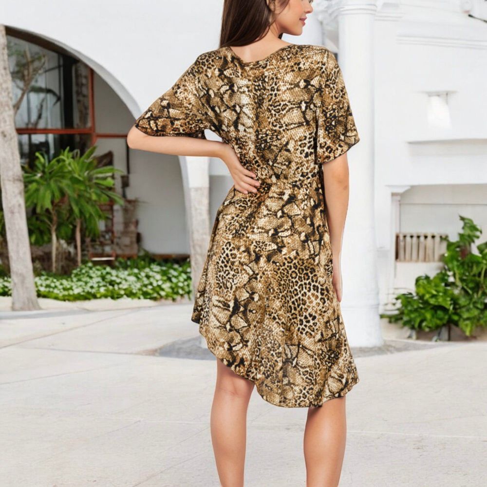 Animal Print High-Low Dress with Short Sleeves and V-Neckline Flowy Silhouette