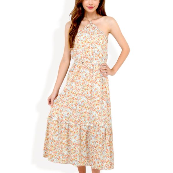 Halter Neck Floral Print Tiered Midi Dress with Elastic Waist