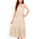 Beige Medium Halter Neck Floral Print Tiered Midi Dress with Elastic Waist