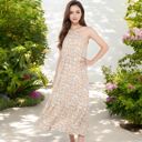 Beige Medium Halter Neck Floral Print Tiered Midi Dress with Elastic Waist