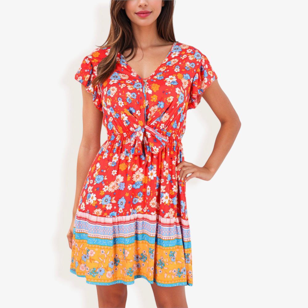 Floral Print V-Neck Dress With Ruffled Sleeves And Tie Front Detail