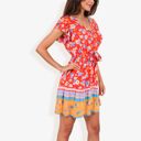 Large Floral Print V-Neck Dress With Ruffled Sleeves And Tie Front Detail