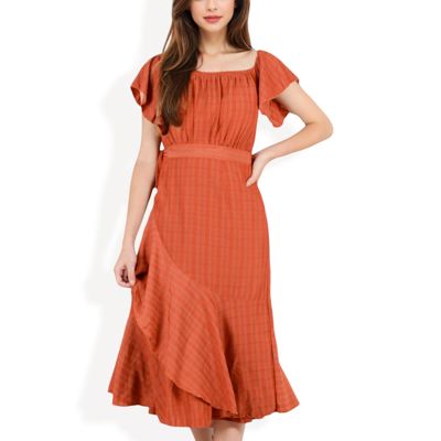 Off-the-Shoulder Plaid Midi Dress with Flutter Sleeves and Asymmetrical Hem