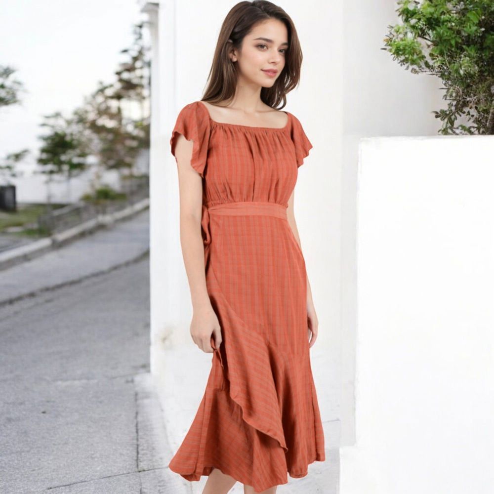 Off-the-Shoulder Plaid Midi Dress with Flutter Sleeves and Asymmetrical Hem