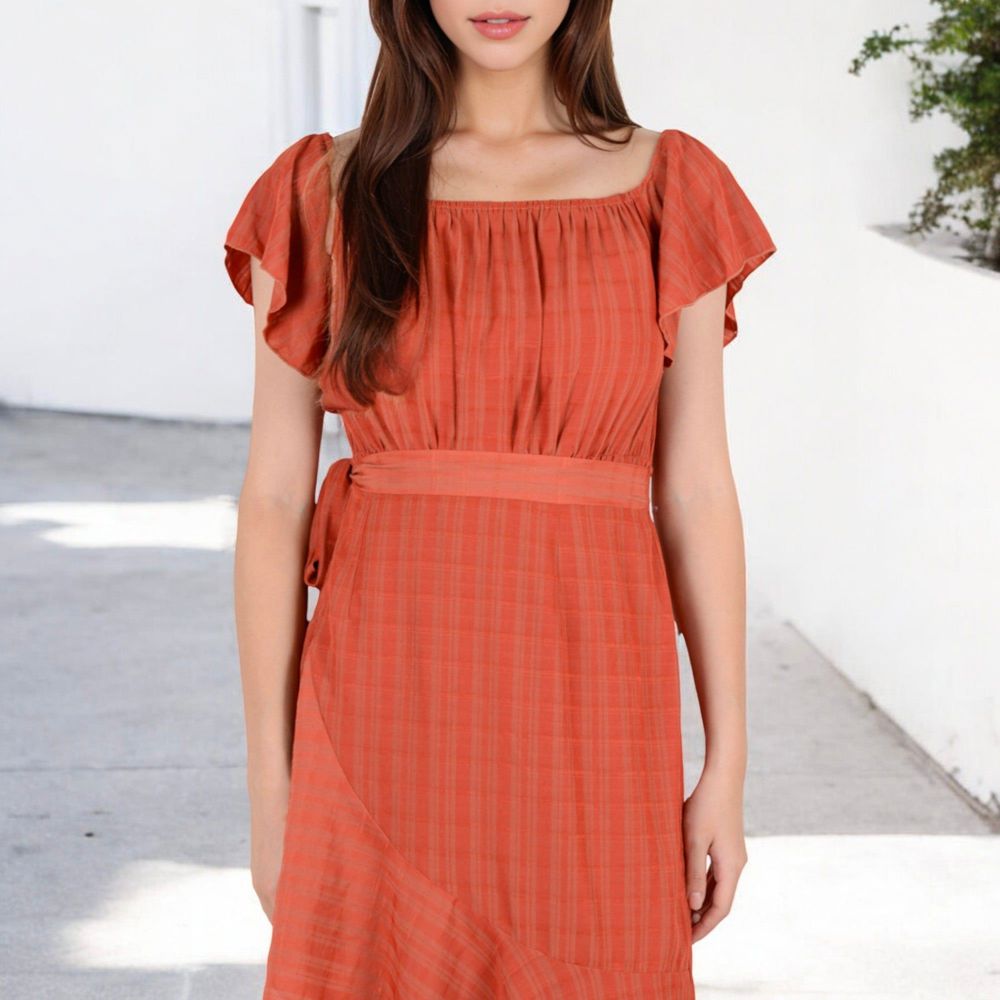 Off-the-Shoulder Plaid Midi Dress with Flutter Sleeves and Asymmetrical Hem