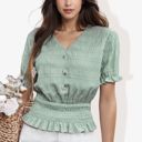  V-Neck Button Front Smocked Waist Short Sleeve Blouse