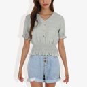  V-Neck Button Front Smocked Waist Short Sleeve Blouse