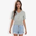  V-Neck Button Front Smocked Waist Short Sleeve Blouse