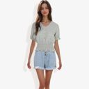  V-Neck Button Front Smocked Waist Short Sleeve Blouse