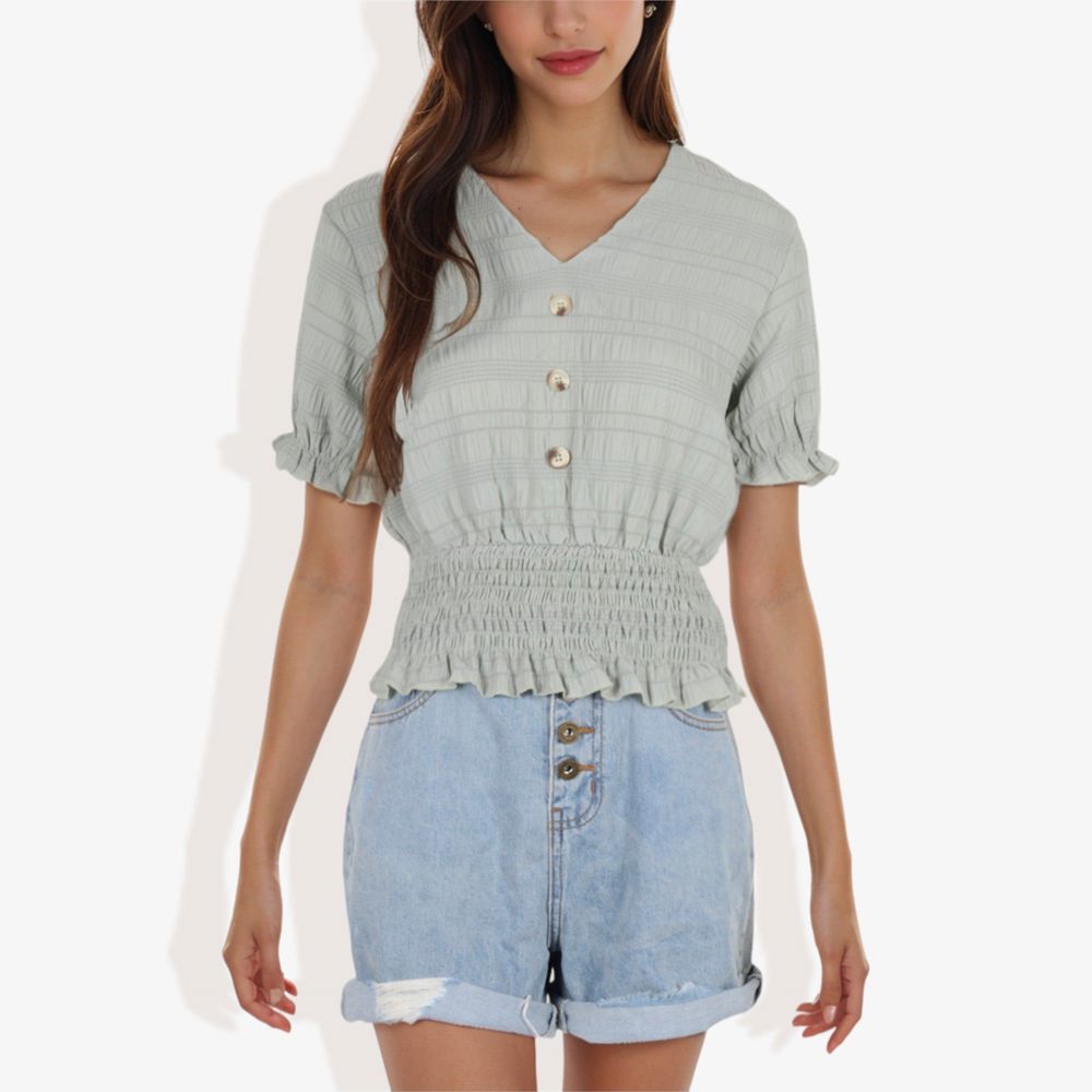 V-Neck Button Front Smocked Waist Short Sleeve Blouse