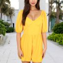  Sweetheart Neck Puff Sleeve Romper with Fitted Waist and Flowy Shorts for Casual or Dressy Looks