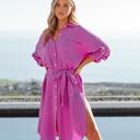 Pink Large Long Sleeve Button-Up Shirt Dress with Front Pocket and Waist Tie