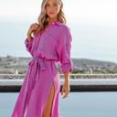 Pink Medium Long Sleeve Button-Up Shirt Dress with Front Pocket and Waist Tie